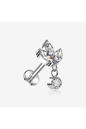 Implant Grade Titanium Marquise Flower Sparkle Dangle Internally Threaded Flat Back Stud Labret