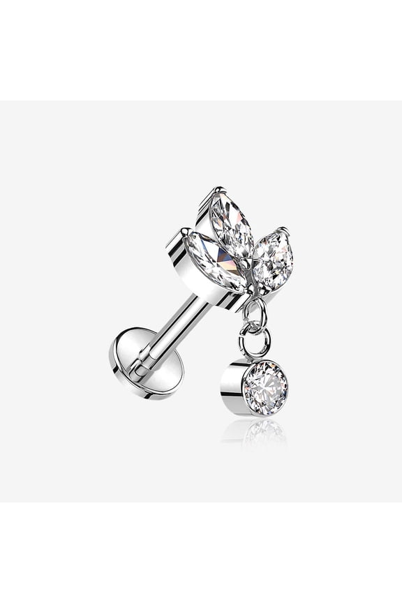 Implant Grade Titanium Marquise Flower Sparkle Dangle Internally Threaded Flat Back Stud Labret