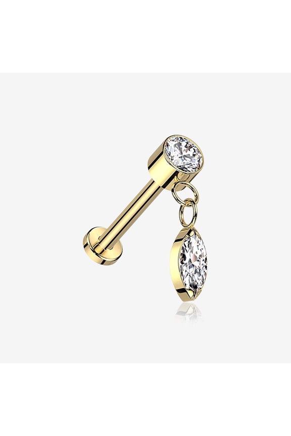 Implant Grade Titanium OneFit Threadless Golden Sparkle Gem Marquise Dangle Flat Back Labret