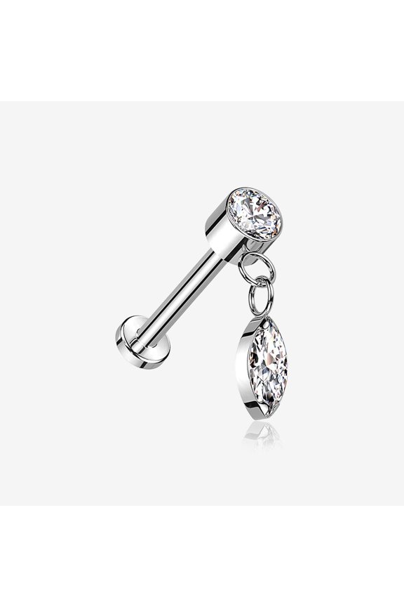 Implant Grade Titanium OneFit Threadless Sparkle Gem Marquise Dangle Flat Back Labret