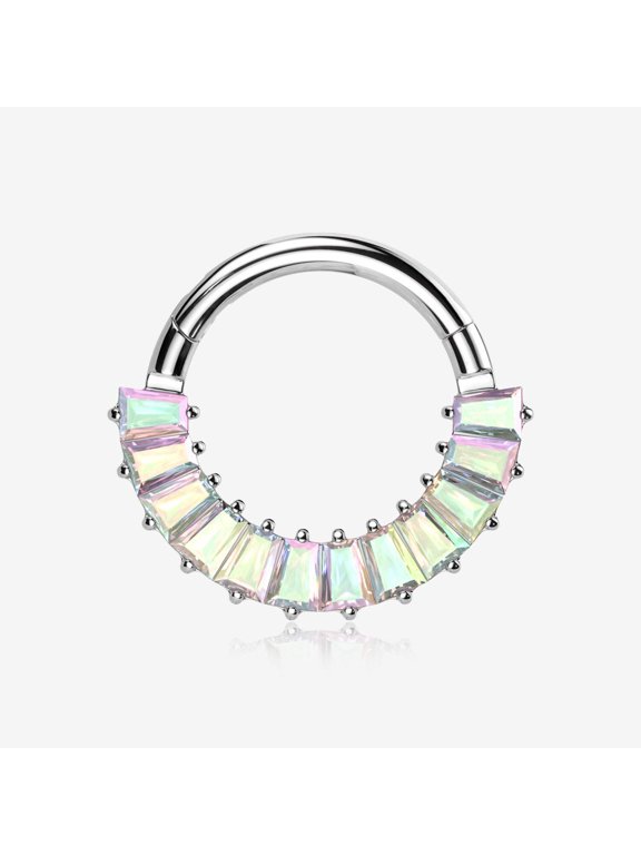 Implant Grade Titanium Pave Baguette Sparkle Clicker Hoop Ring