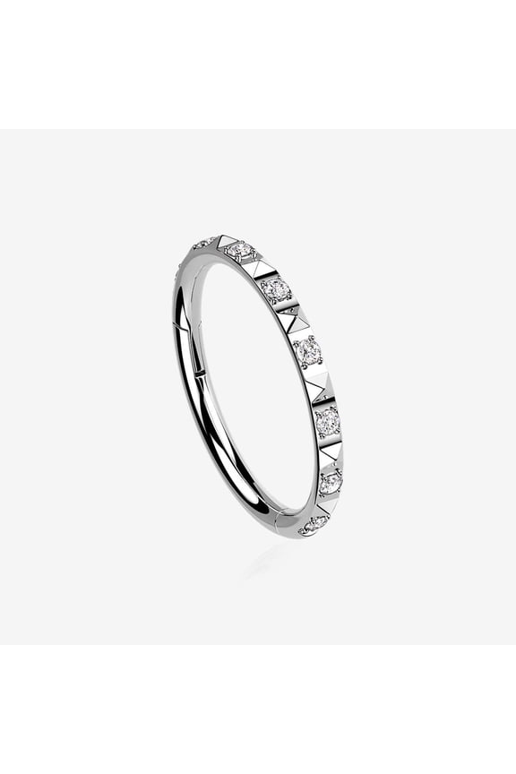 Implant Grade Titanium Pyramid Sparkle Studded Geometric Seamless Clicker Hoop Ring-Clear Gem