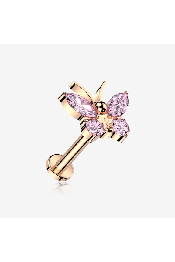 Implant Grade Titanium Rose Gold Butterfly Sparkle Internally Threaded Flat Back Stud Labret
