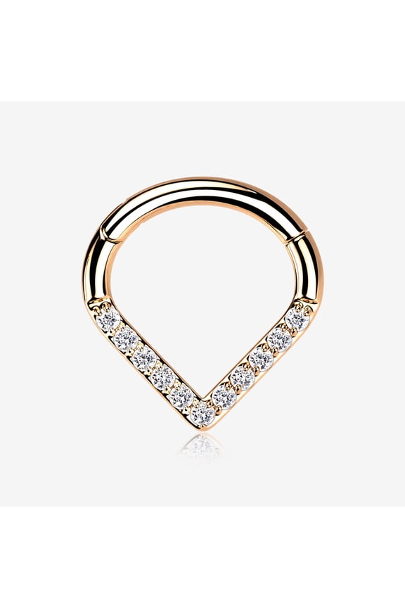 Implant Grade Titanium Rose Gold Chevron Sparkle Lined Seamless Clicker Hoop Ring-Clear Gem