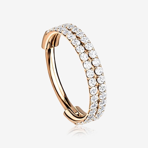 Implant Grade Titanium Rose Gold Double Lined Gems Seamless Clicker Hoop Ring-Clear Gem