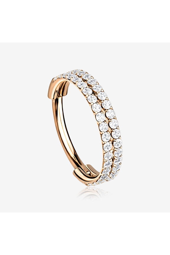 Implant Grade Titanium Rose Gold Double Lined Gems Seamless Clicker Hoop Ring-Clear Gem