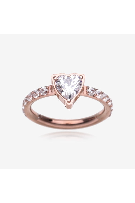 Implant Grade Titanium Rose Gold Heart Sparkle Multi-Gem Rimmed Seamless Clicker Hoop Ring-Clear Gem