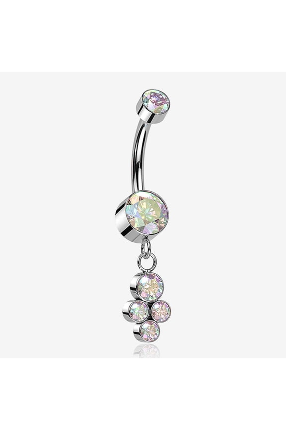 Implant Grade Titanium Sparkle Dangle Cluster Internally Threaded Belly Ring-Aurora Borealis
