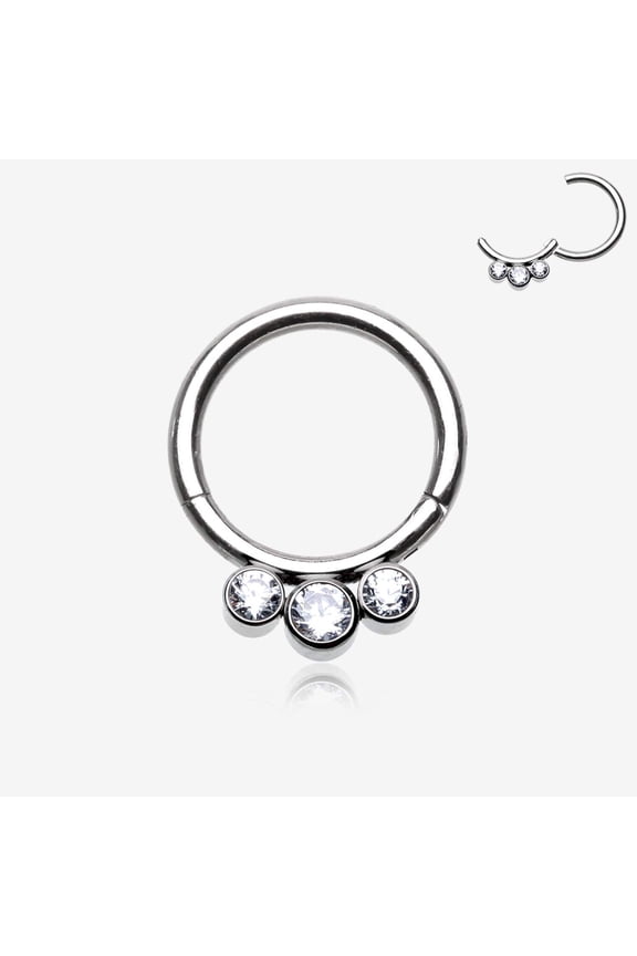Implant Grade Titanium Triple Gem Sparkle Seamless Clicker Hoop Ring-Clear Gem
