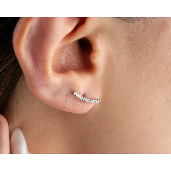Implant grade titanium push in Ear Climber, Threadless flat back earclimber stud, Inner Conch Stud, CZ curved bar piercing, Tragus Stud earrings