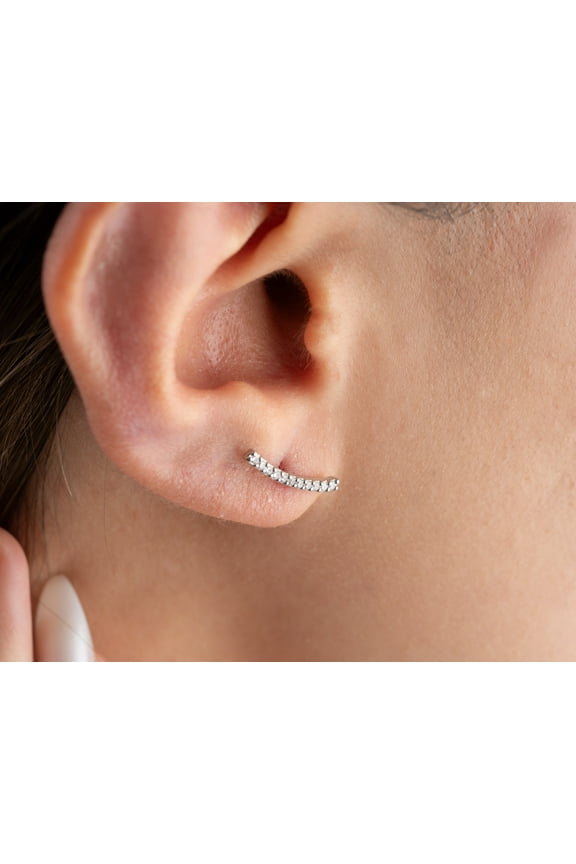 Implant grade titanium push in Ear Climber, Threadless flat back earclimber stud, Inner Conch Stud, CZ curved bar piercing, Tragus Stud earrings