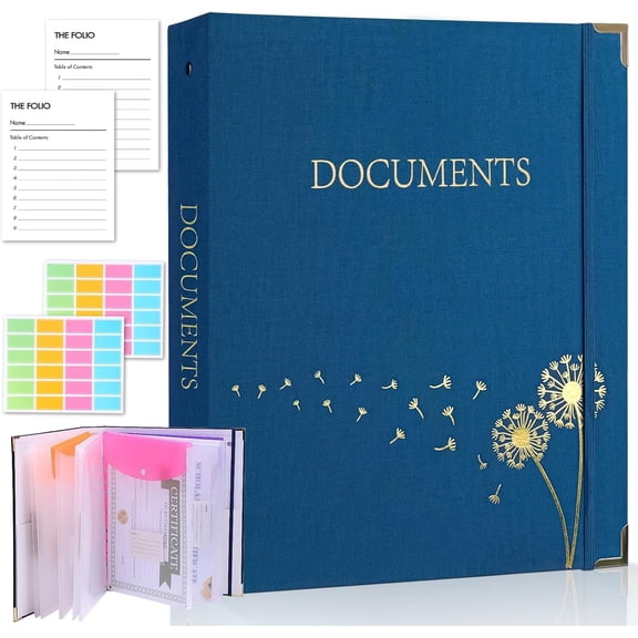 Important Document Organizer with 9 Pockets, Aesthetic Folio Folders 3-Ring Accordion Storage Binders Linen Expanding File Folder for Papers, Documents and Files