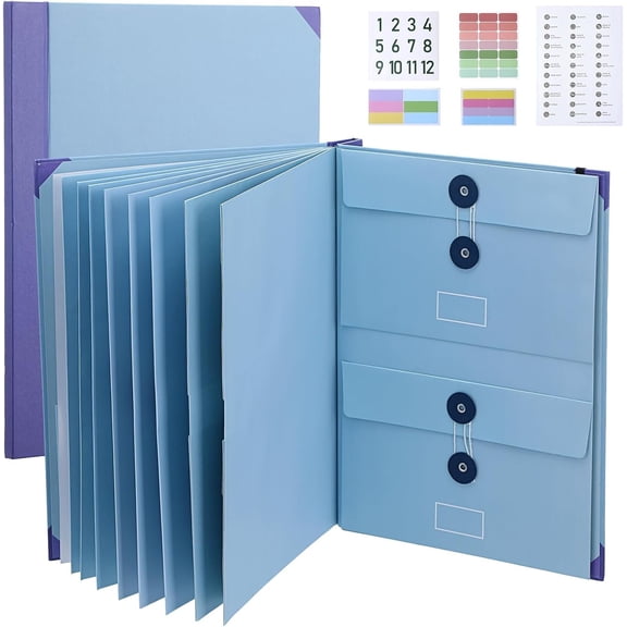 Important Document Organizer, Folio Folders with Pockets, Folder with Labels Pockets, for  Documents, Birth ,  Resistant Folder,, School & Offices (Blue)