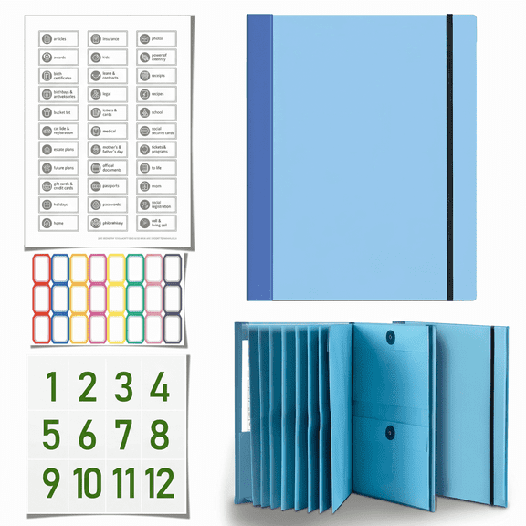 Important Document Organizer Folio Folders with Labels & Pockets for Certificates Letters, Blue for Home School Office