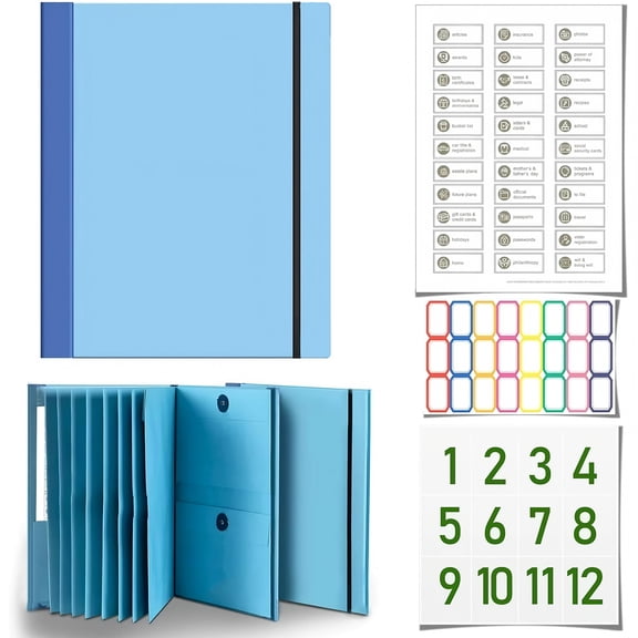 Important Document Organizer, Life Book Document Organizer, Folio Folders with Labels and Pockets for Important Papers, Certificates, Letters, Ideal for School Office Home Files Organization, Blue