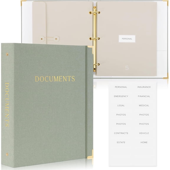 Important Document Organizer Set with Folders - Complete Linen Ring Binder Set Safely Stores All Documents & Files in One Place - Easy to Use Expanding Storage Incl. Envelopes, Pockets & Labels