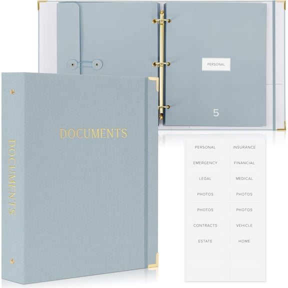 Important Document Organizer Set with Folders - Complete Linen Ring Binder Set Safely Stores All Documents & Files in One Place - Easy to Use Expanding Storage Incl. Envelopes, Pockets & Labels