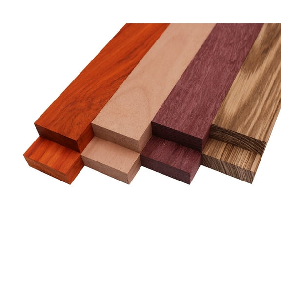 Imported Exotic Hardwood Variety Pack - Zebrawood, Purpleheart, Padauk, Okoume - 3/4" x 2" (8 Pcs)
