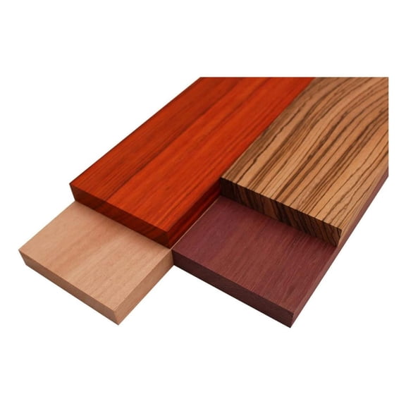 Imported Exotic Hardwood Variety Pack - Zebrawood, Purpleheart, Padauk, Okoume - 3/4" x 4" (4 Pcs) (3/4" x 4" x 12")