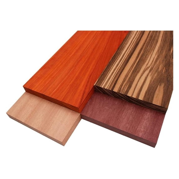 Imported Exotic Hardwood Variety Pack - Zebrawood, Purpleheart, Padauk, Okoume - 3/4" x 6" (4 Pcs) (3/4" x 6" x 12")