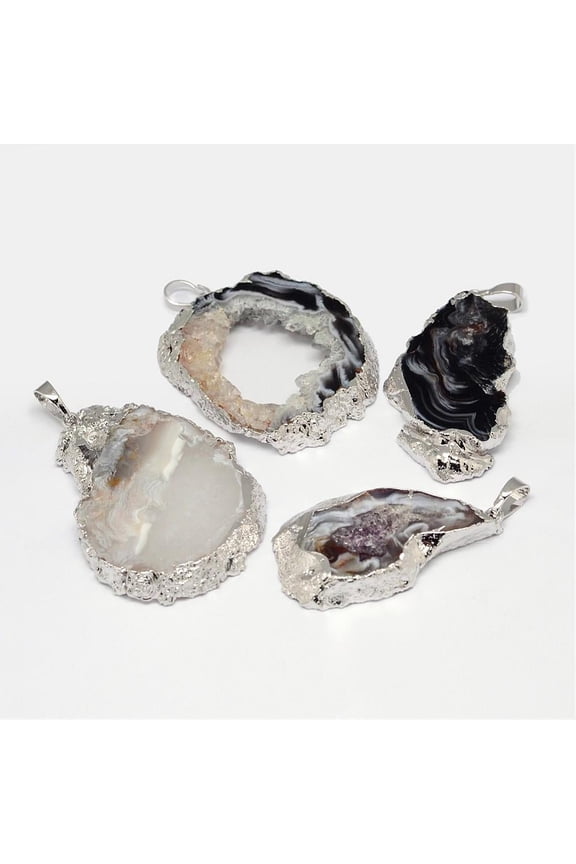Imported Natural Geode Agate Big Pendants Nuggets with Brass Finding Silver 35~71x15~35x5~8mm Hole: 5x8mm