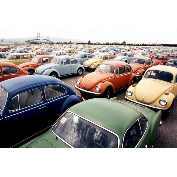 Imported Volkswagen Beetles On An American Pier. These German Cars Japanese Cars Were Among The Millions Imported To Compete With The Large Gas Guzzling American Cars. Ca.1973-75. History (36 x 24)