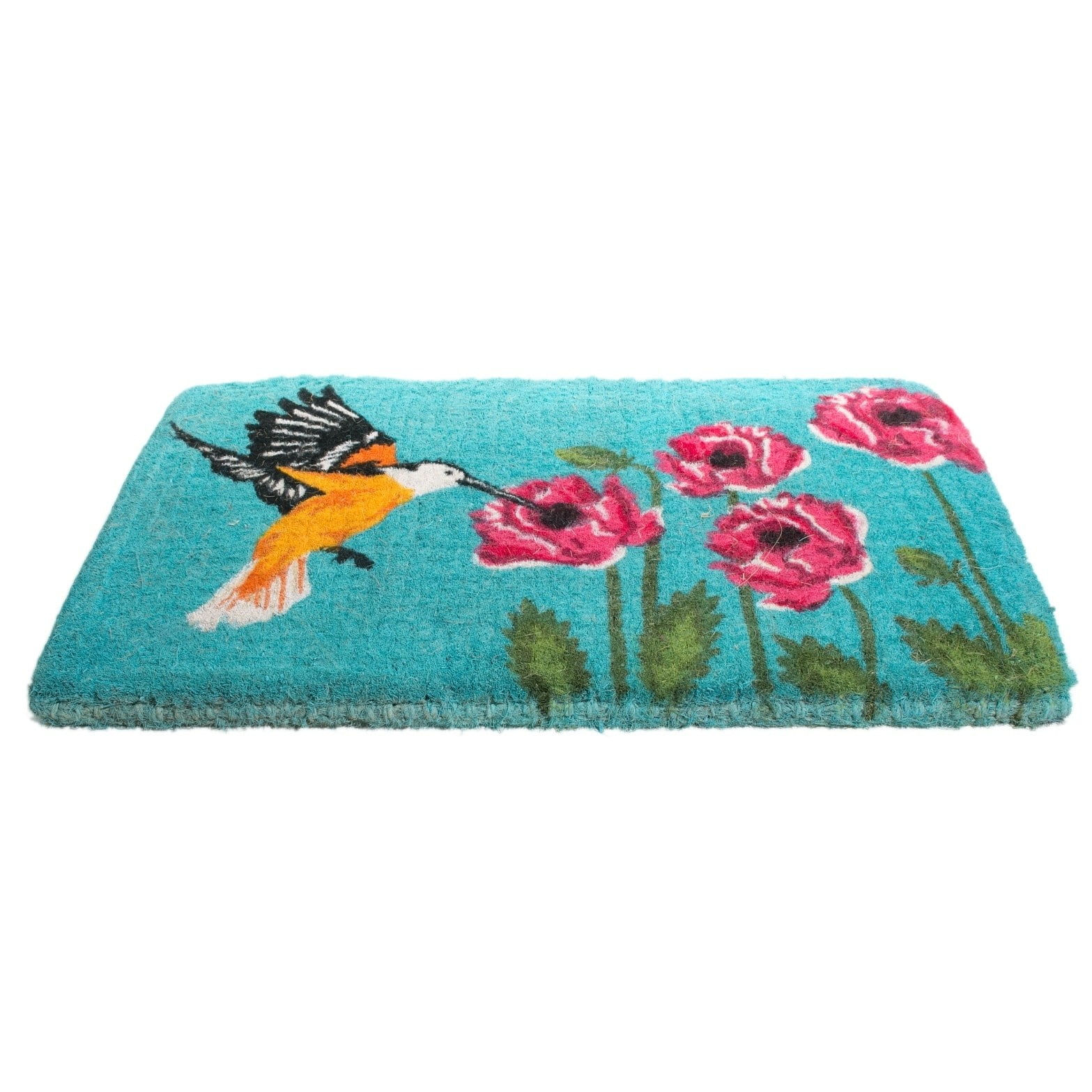Handwoven Coir Outdoor Doormat with Hummingbird and Floral Design