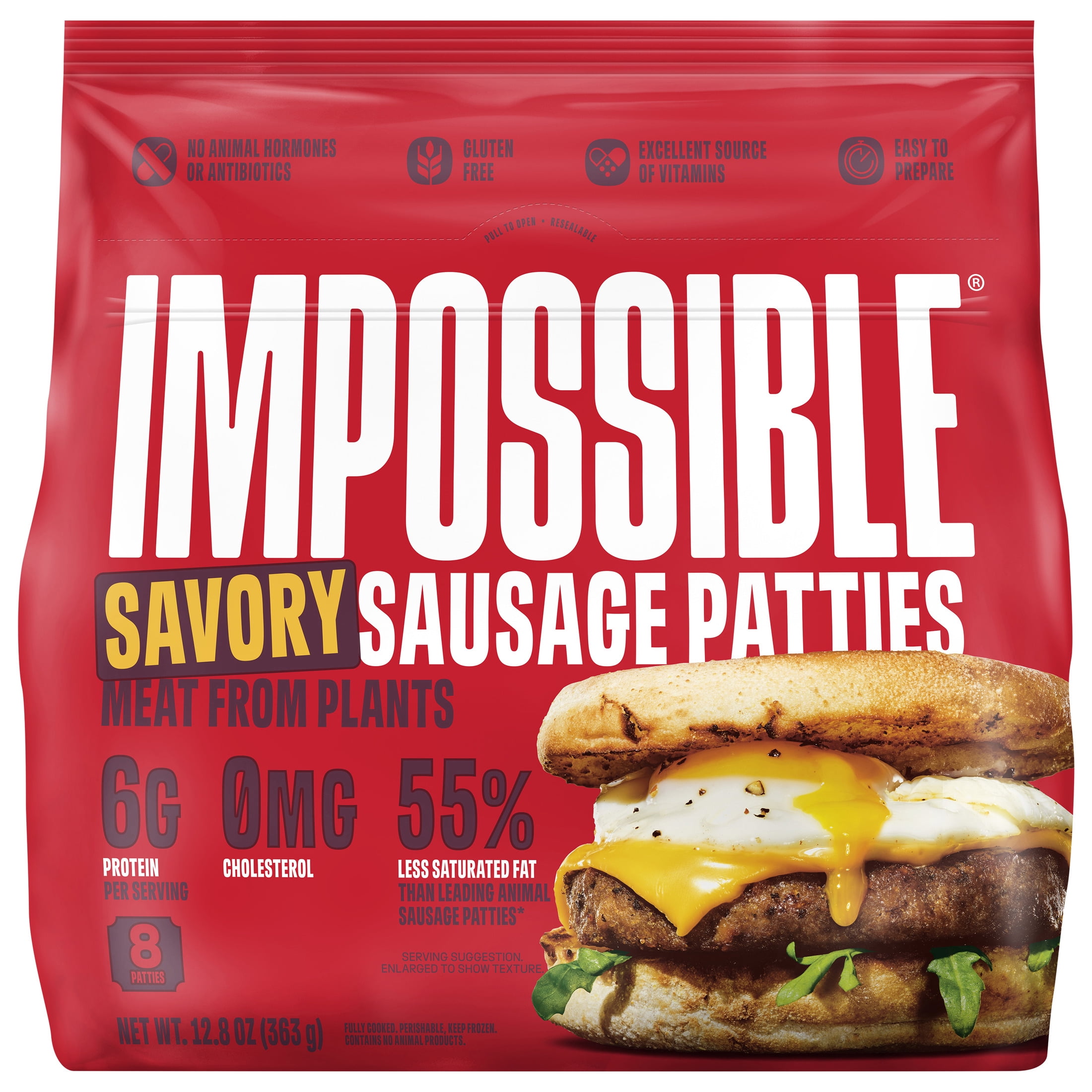 Impossible Foods Savory Sausage, Fully Cooked, 8 Patties, 12.8 oz (Frozen)