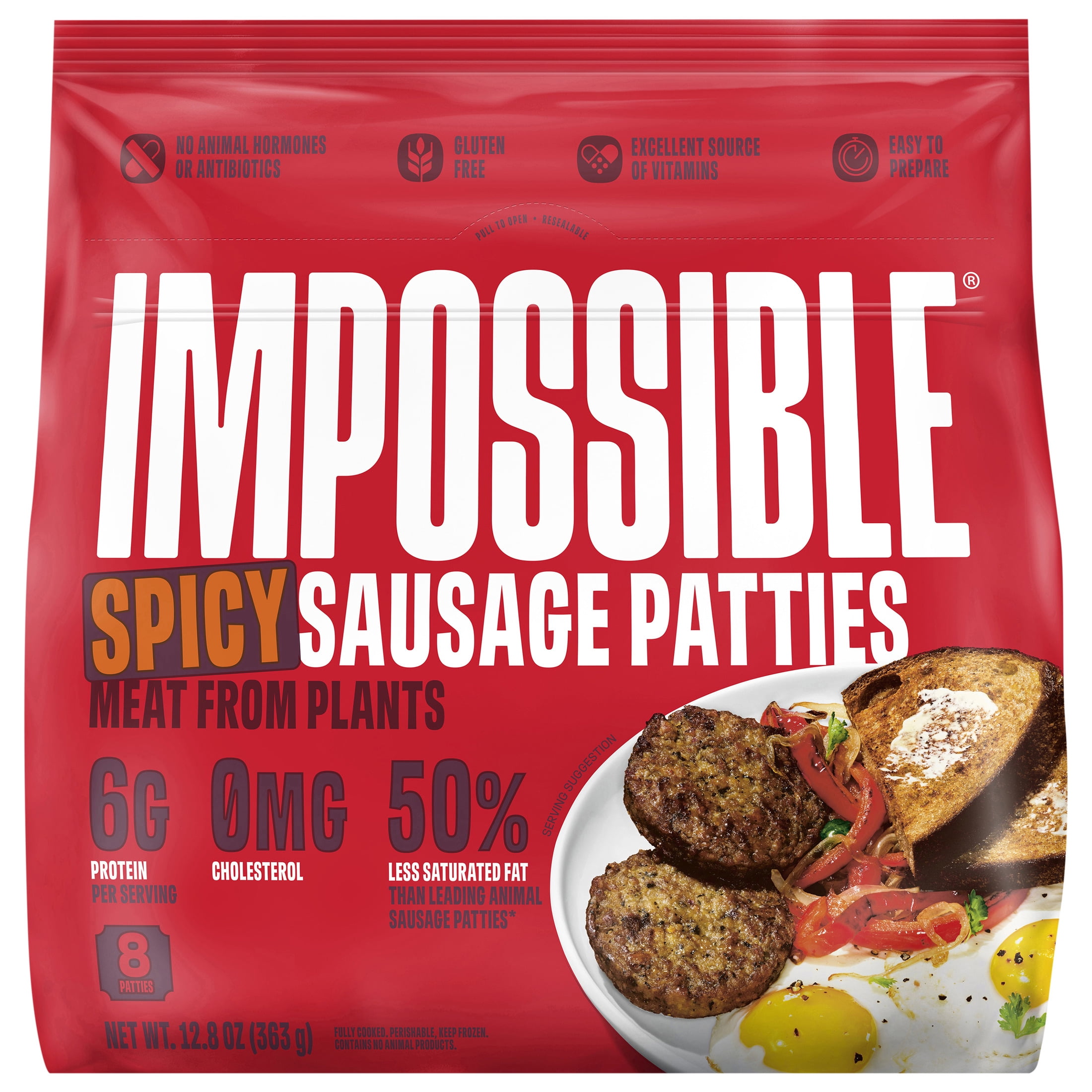 Impossible Foods Spicy Sausage Patties, Fully Cooked, 8 Patties, 12.8 oz (Frozen)
