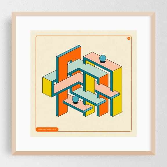 Impossible Geometrics (38) - Illustration Geometric Modern Art Abstract Surrealism Pattern Mid-Century Modern Oak Framed Wall Art Print 20 x 20 inches
