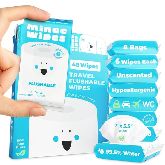 Impossibly Compact Travel Flushable Wipes - 99.5% Water and Aloe Safe for Sensitive Skin, Hypoallergenic & Unscented Essentials Adults, Kids Baby Care 8 Pack Total 48
