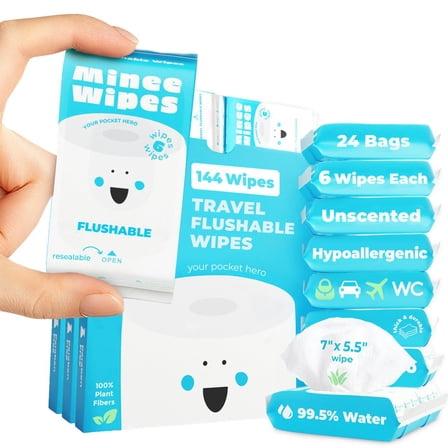 Impossibly Compact Travel Flushable Wipes with Natural Extracts - Skin-Friendly Wet Wipes, Hypoallergenic & Unscented Travel Size Butt Wipes for Adults, Kids & Baby Care - 24 Pack Total 144 Wipes