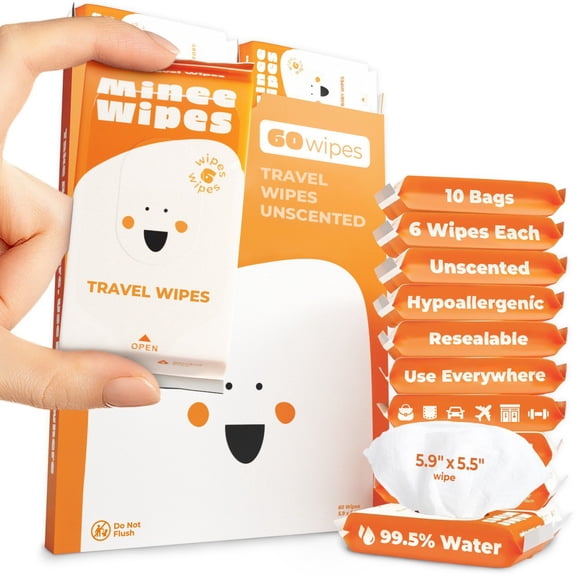 Impossibly Compact Travel Wipes with Natural Extracts - Skin-Friendly Wet Wipes, Hypoallergenic & Unscented for Adults, Kids & Baby Care - 10 Pack Total 60 Wipes