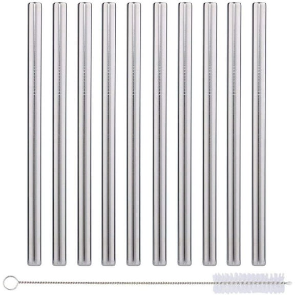 Impresa 10-Pack Silver Boba Straws in Stainless Steel - Comes with Cotton Storage Bag and Cleaning Rod