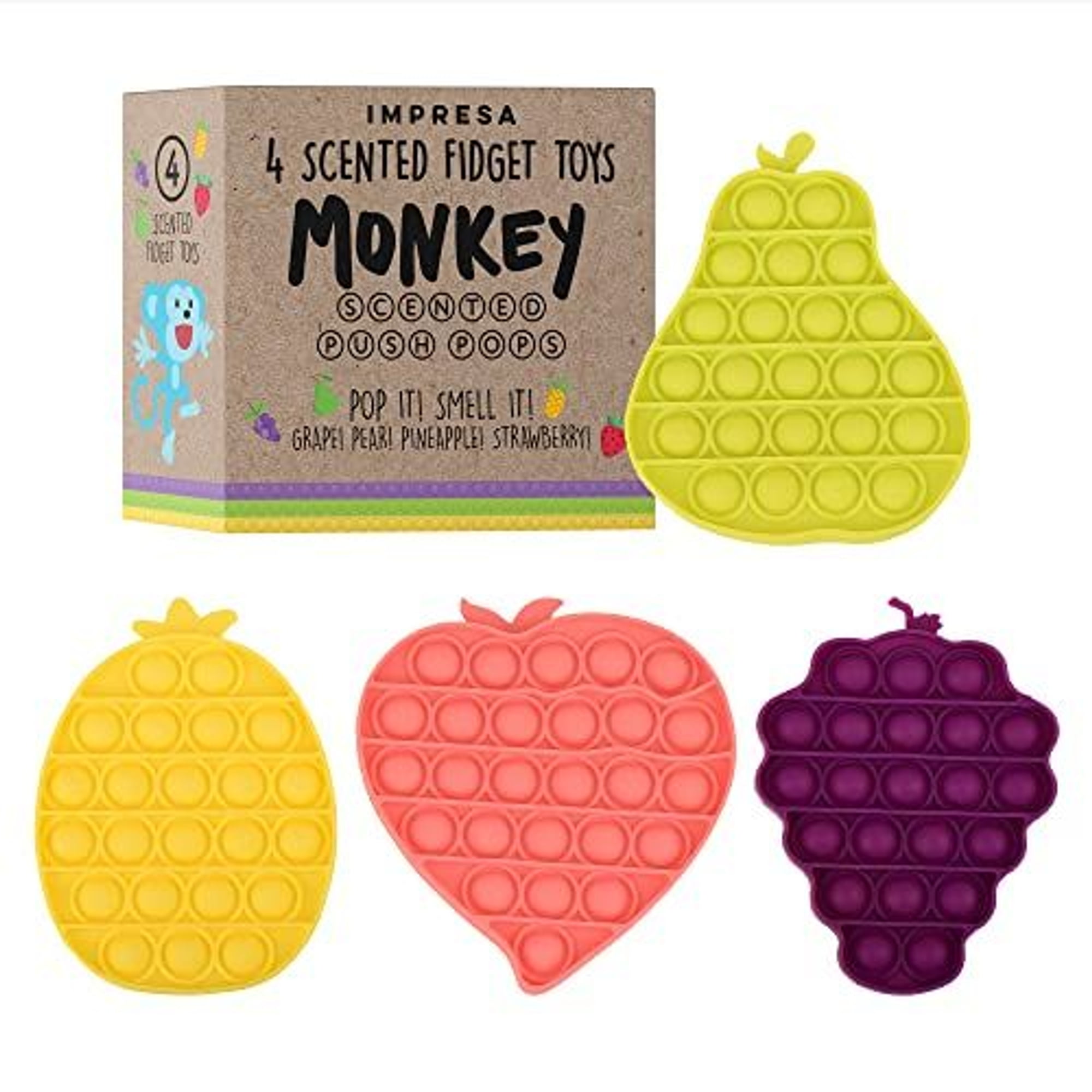 Impresa Fruit Scented Monkey Push Pop Sensory Fidget Toys, 4-Pack