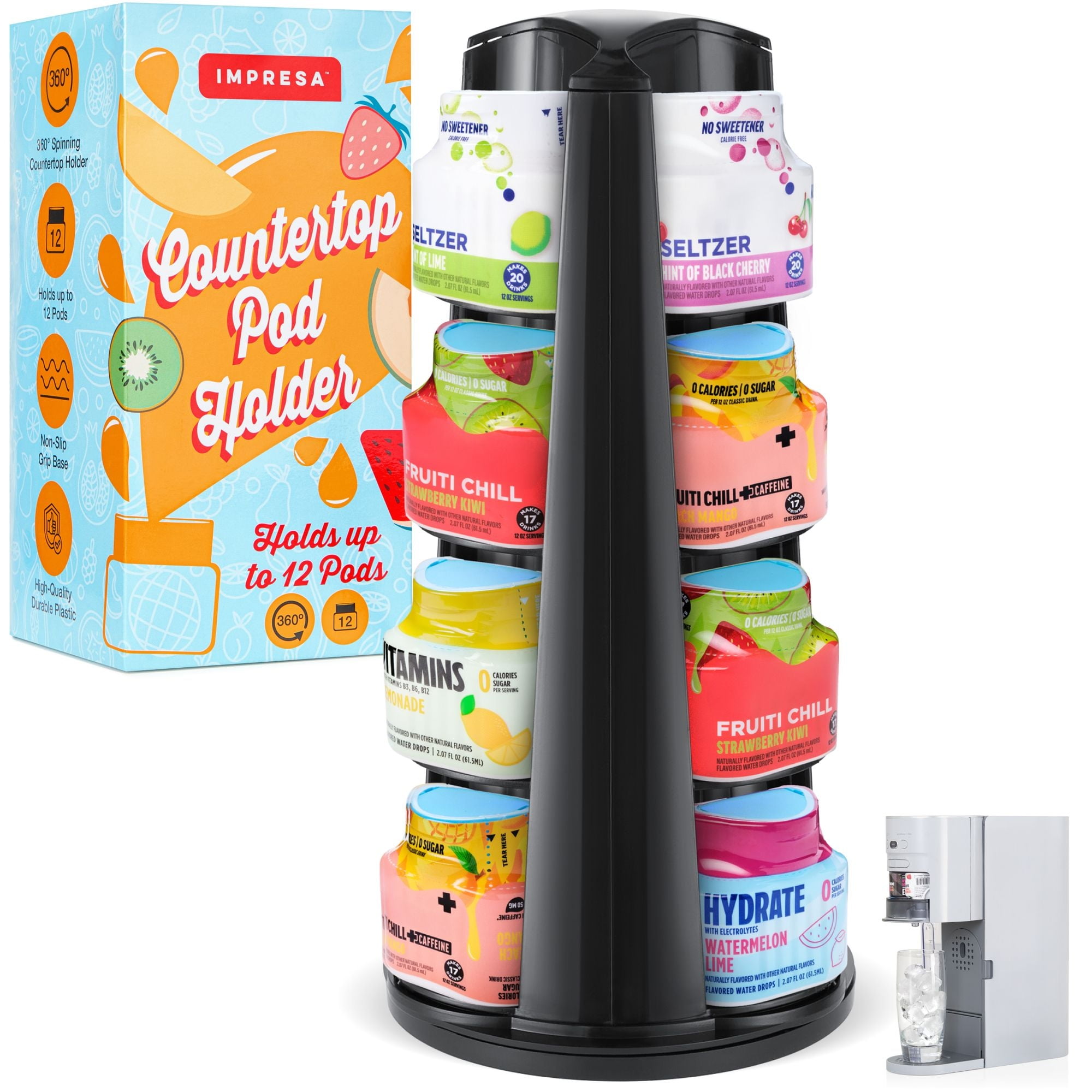 Impresa Countertop Pod Holder - Storage Solution Compatible with Ninja Thirsti Drink Flavor Pods - with 360-degree Rotating Base for Easy Access (5.5 x 11.5 Inches)