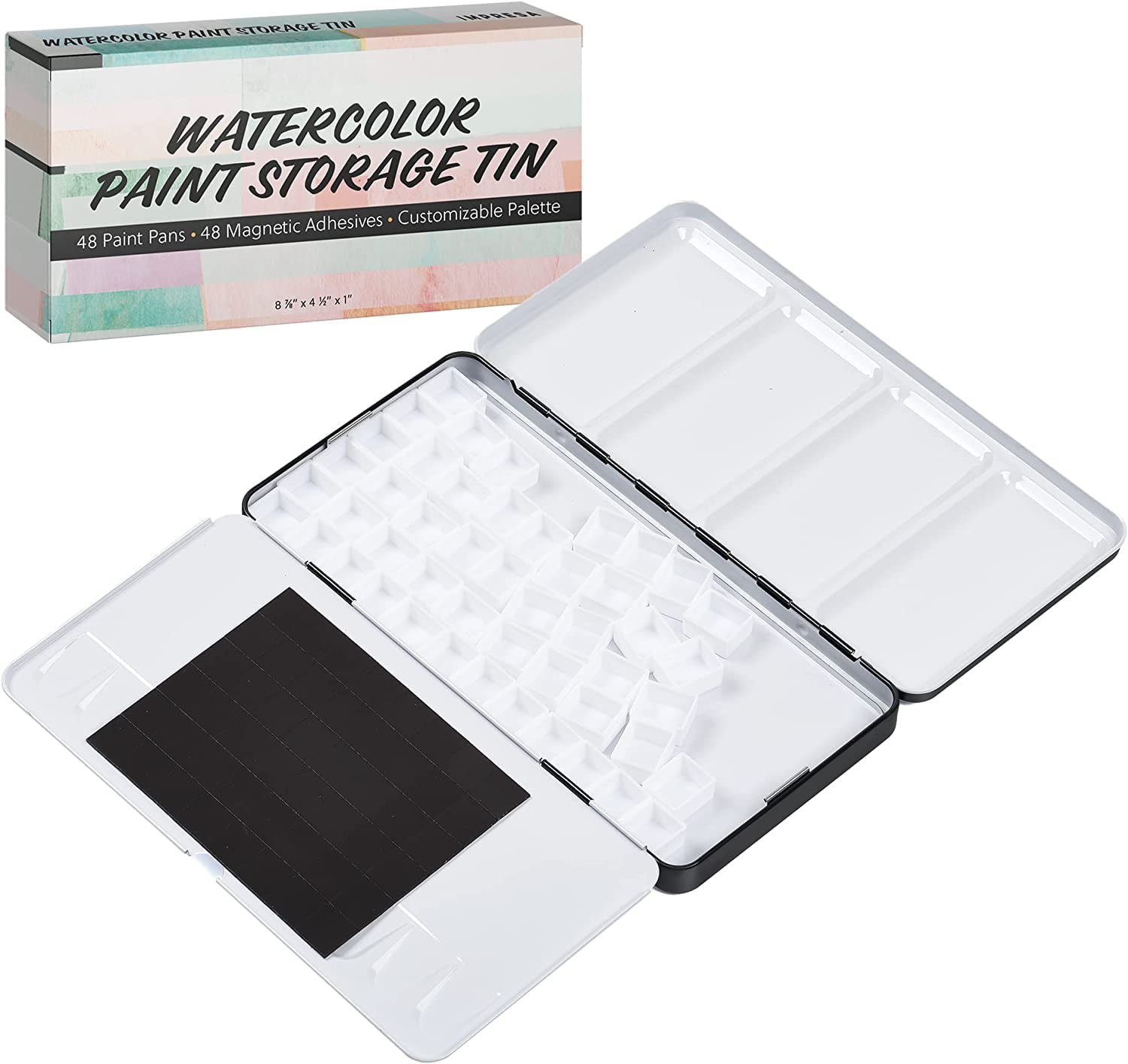 Watercolor Palette Tin with 20pcs White Plastic Empty Watercolor Full Pans Carrying Magnetic Squares- Artists Paint Palette for DIY Watercolor