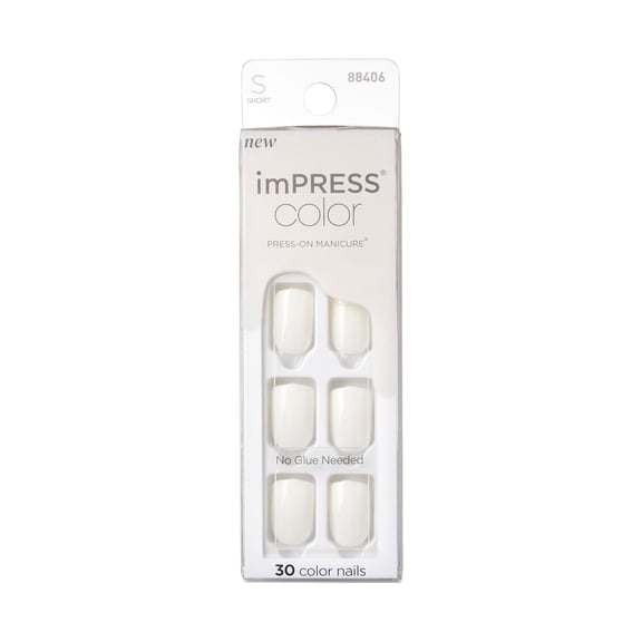 Impress Color Press-On Manicure Fake Nails, Milkis - Short Length Milky White, Squoval Shape, Polish-Free Solid Color Mani, Includes Prep Pad, Mini File, Manicure Stick, and 30 Fake Nails