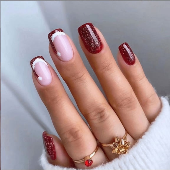 Impress Press On Nails Short YTTAL Christmas Press On Nails Short Almond Green Fake Nails - False Nails with Designs White Snowflake Full Cover Matte Glue On Acrylic Nails for Women 24 Pcs