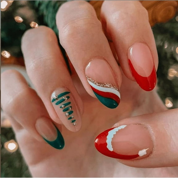 Impress Press On Nails Short YTTAL Christmas Press On Nails Short Almond Green Fake Nails - False Nails with Designs White Snowflake Full Cover Matte Glue On Acrylic Nails for Women 24 Pcs