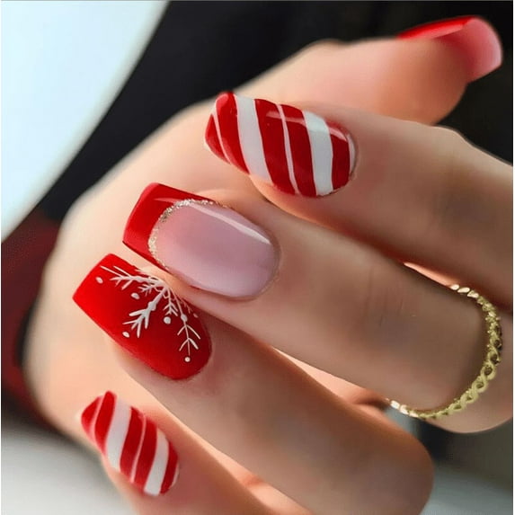Impress Press On Nails Short YTTAL Christmas Press On Nails Short Almond Green Fake Nails - False Nails with Designs White Snowflake Full Cover Matte Glue On Acrylic Nails for Women 24 Pcs