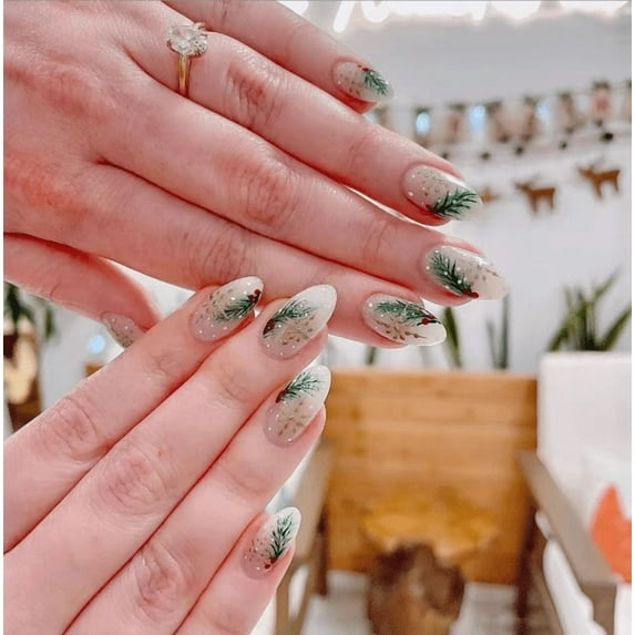 Impress Press On Nails Short YTTAL Christmas Press On Nails Short Almond Green Fake Nails - False Nails with Designs White Snowflake Full Cover Matte Glue On Acrylic Nails for Women 24 Pcs
