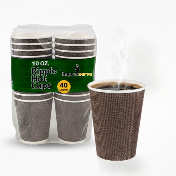 Impresserve 10 oz Brown Paper Coffee Cups, Double Wall Insulated Disposable Hot Cups, Ripple Design, 40 Count