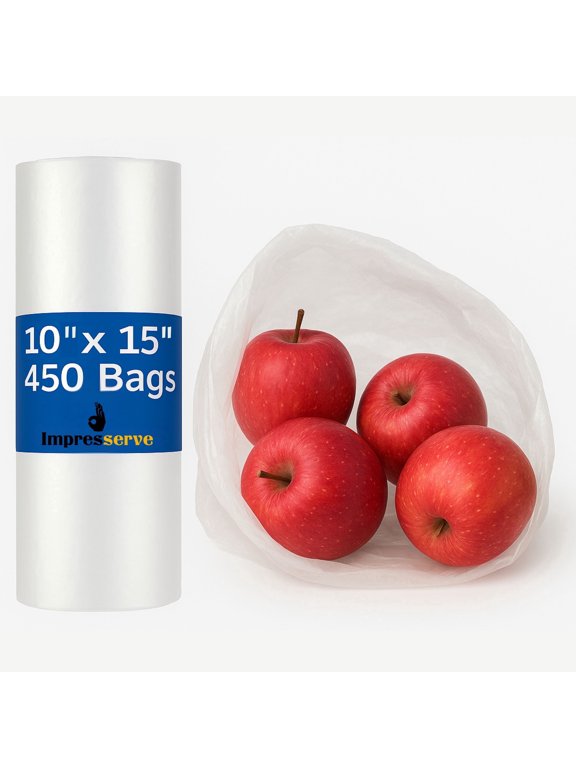 Produce Bags on a Roll, Easy Tear Plastic Bags, Transparent, 10" x 15", 450 Count