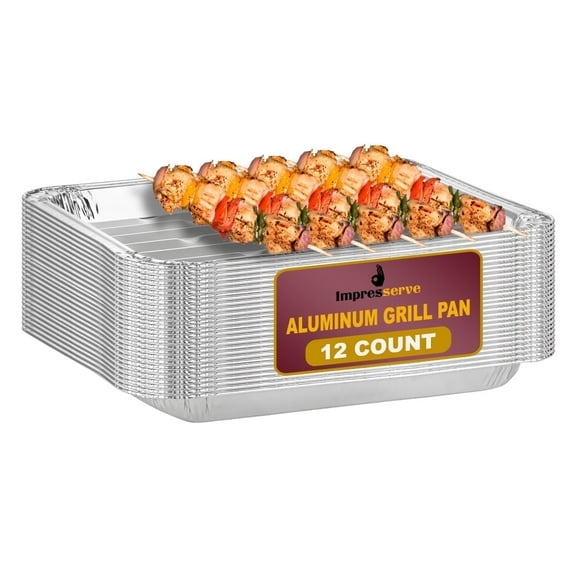 Impresserve Aluminum Grill Pans - 11.5 x 8.25 x 1 inch Disposable Foil Trays - 12 Pack