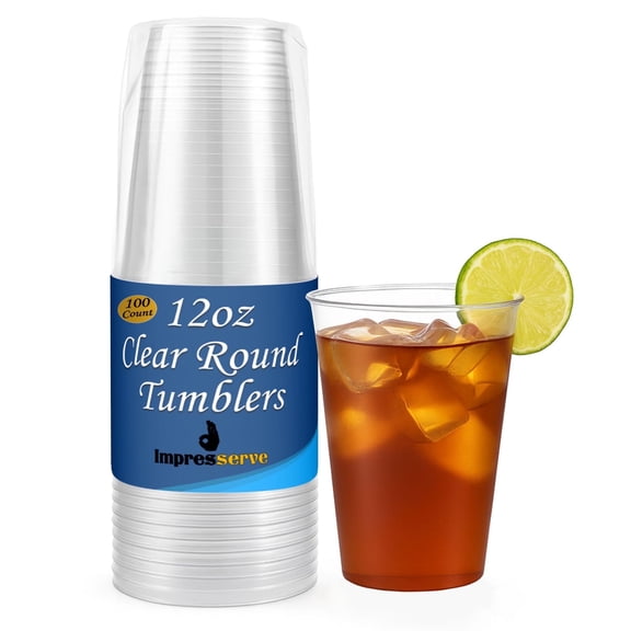 Impresserve 12 oz Clear Plastic Tumblers, BPA-Free Disposable Cups, 100 Count