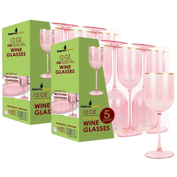 Impresserve 12 oz Pink Plastic Wine Goblets with Gold Rim, Disposable Party Glasses (Set of 10)