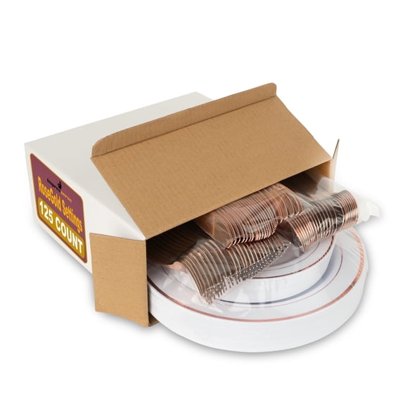 Impresserve Disposable Plastic Dinnerware Set for 25 Guests, Rose Gold, 125 Pieces, Plates and Cutlery for Parties and Events