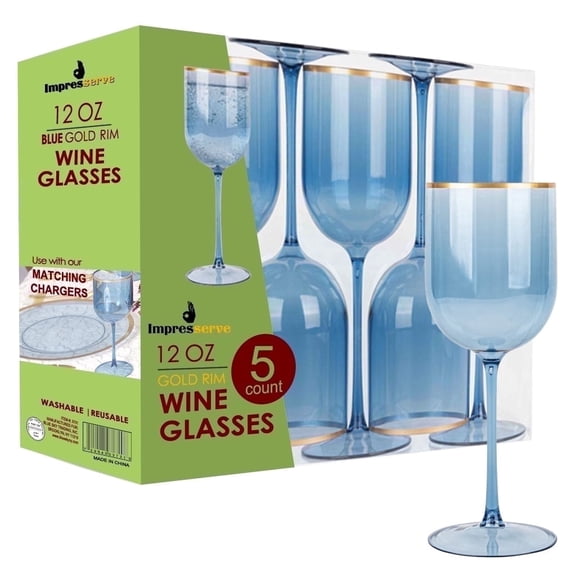 Impresserve 12 oz Blue Plastic Wine Goblets with Gold Rim, Disposable Party Glasses (Set of 5)