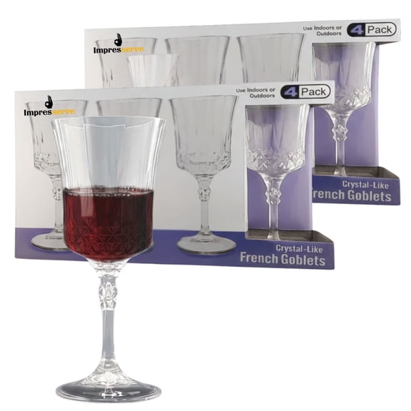Impresserve 12 oz Clear Plastic French Goblet Wine Glasses, Crystal-Like Disposable Stemware, 8 Count